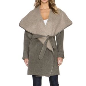 Vince taupe wool shawl collar wrap coat with leather trim - XS